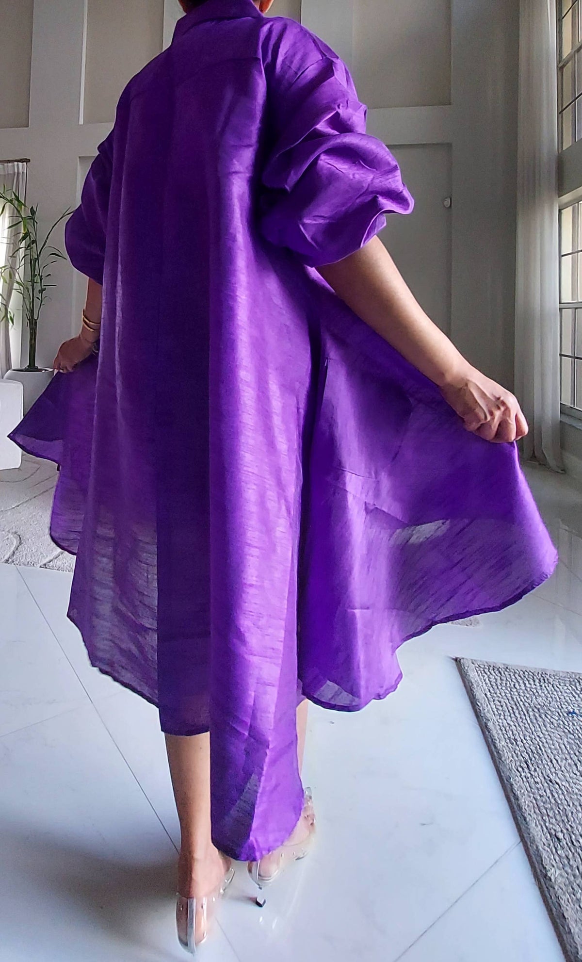 Swing Dress/ Faux Silk/ Ruffle Sleeve -758 Purple