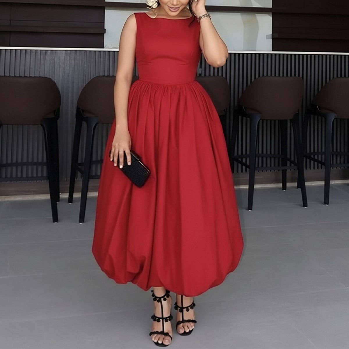 CWDMD03343_SOLID COLOR PATCHWORK SLEEVELESS TULIP DRESS