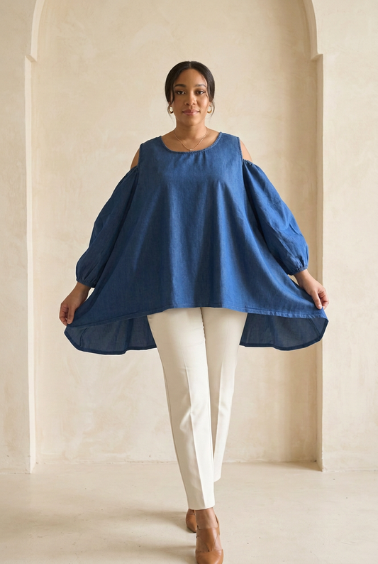 Denim blouse retouched for a freshly ironed look