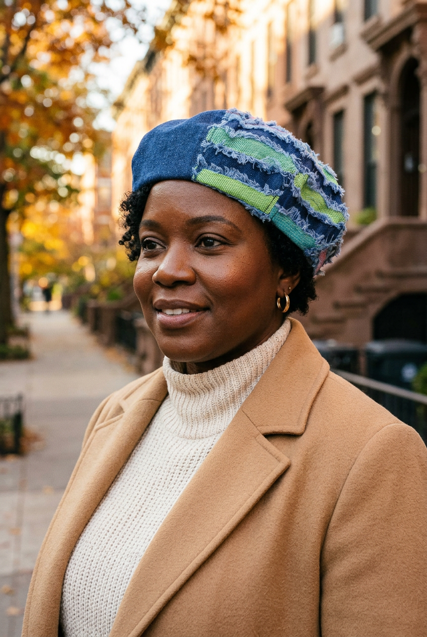 Different African American model wearing the denim beret in a fall setting