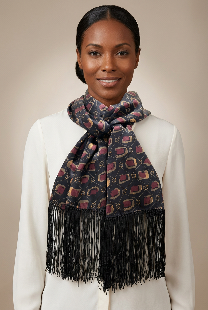 Different Afro-Latina model wearing your fringed silk scarf