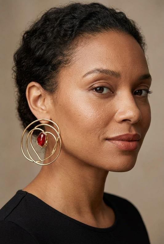 Different light-skinned African American model wearing your gold hoop earrings with the red stone