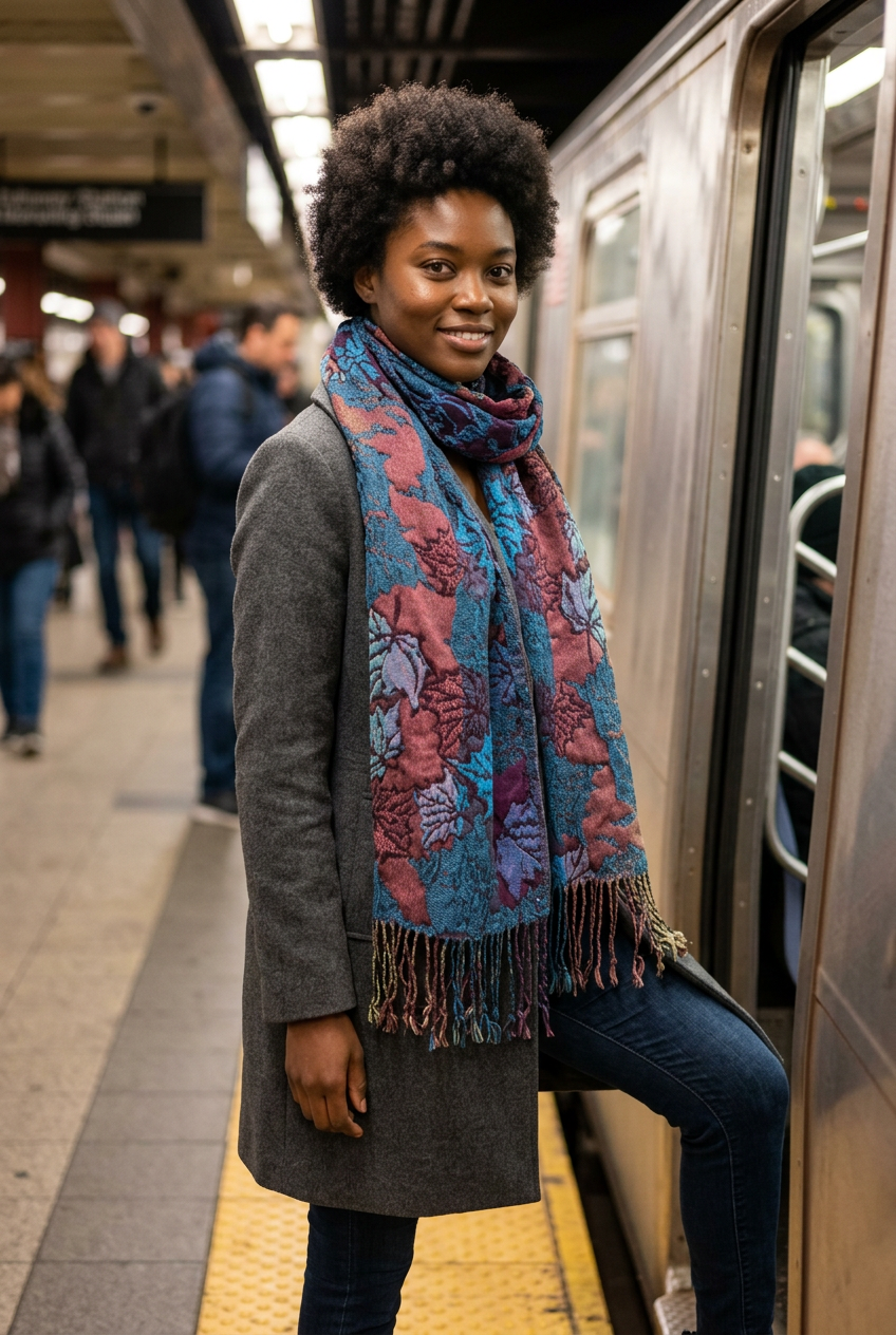 Different young African American model wearing the scarf while boarding a NYC subway train