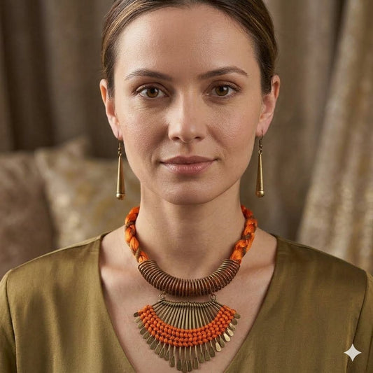 Gold Plated Brass Fringe Statement Necklace Set & Earrings