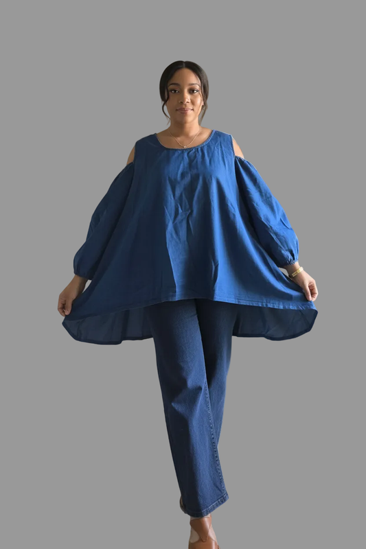 Cold-Shoulder Denim Billow Blouse