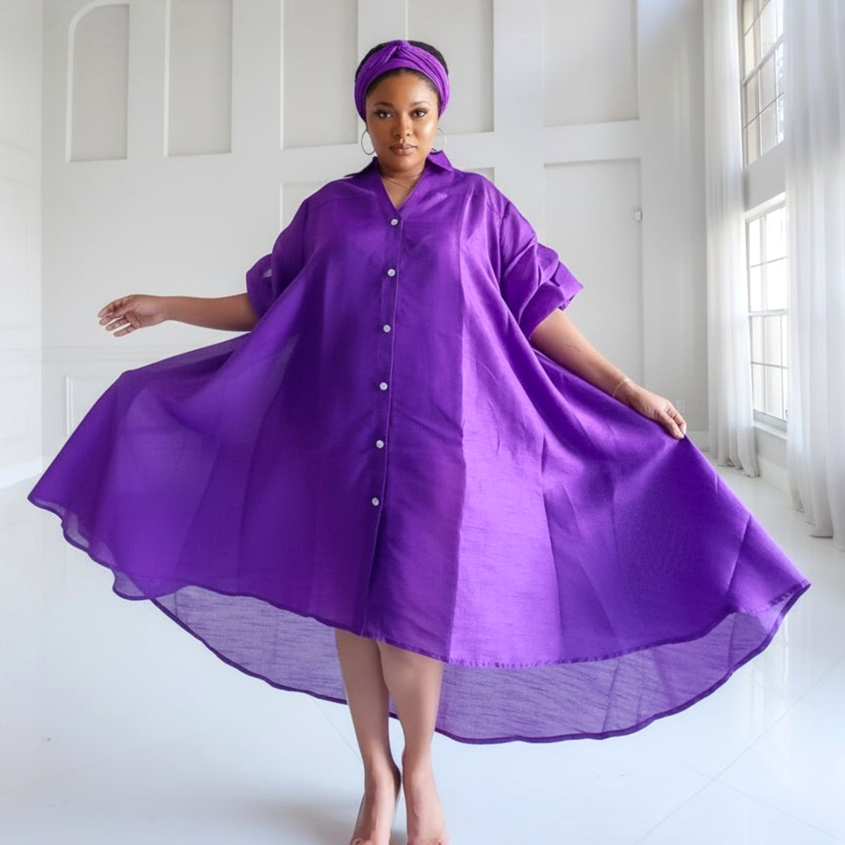 Swing Dress/ Faux Silk/ Ruffle Sleeve -758 Purple