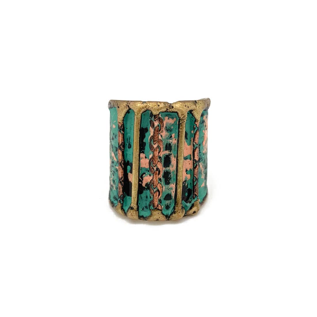 Brass Patina Vertical Stripes and Chains Ring
