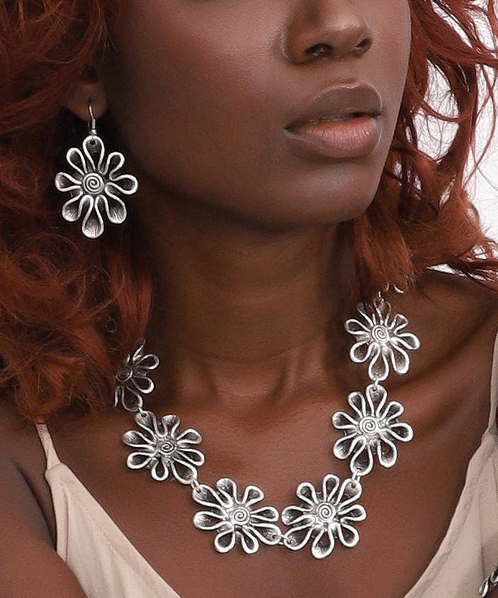 Wildflower Bloom Antique Silver Necklace & Earrings Set