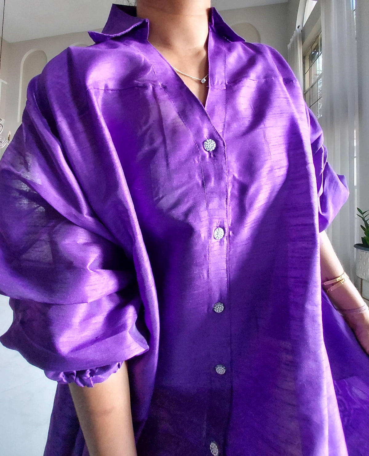 Swing Dress/ Faux Silk/ Ruffle Sleeve -758 Purple