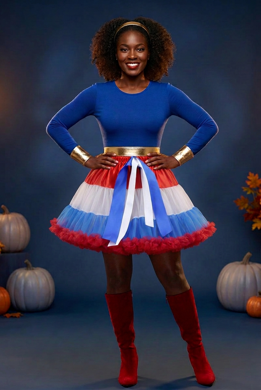 Halloween look with a shorter upper-thigh red, white, and blue mini skirt