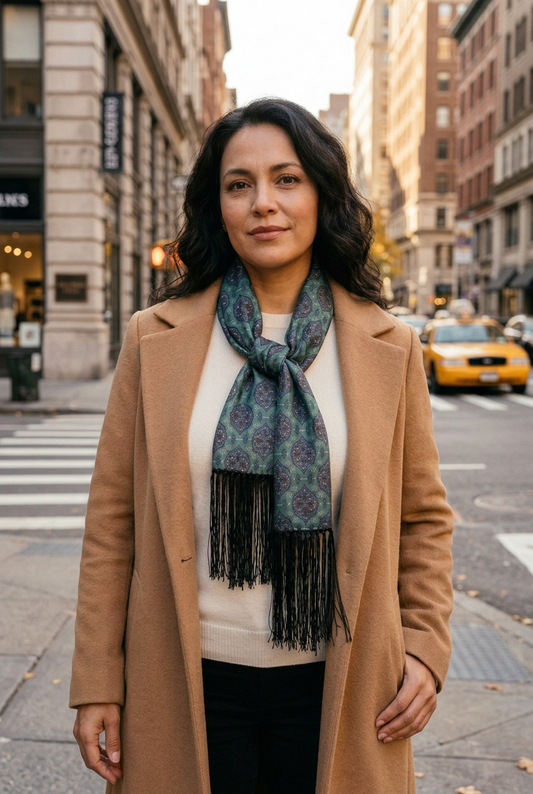 Latina woman wearing the teal scarf with a New York city background