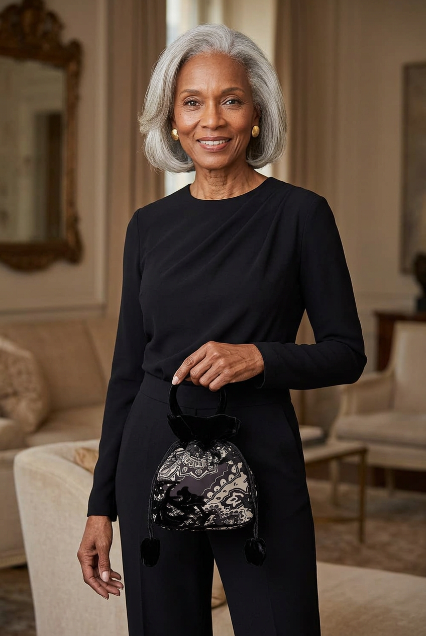 Older African American woman carrying the Velvet Night Clutch