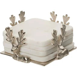 Square Marble Coasters with Holiday Reindeer Holder