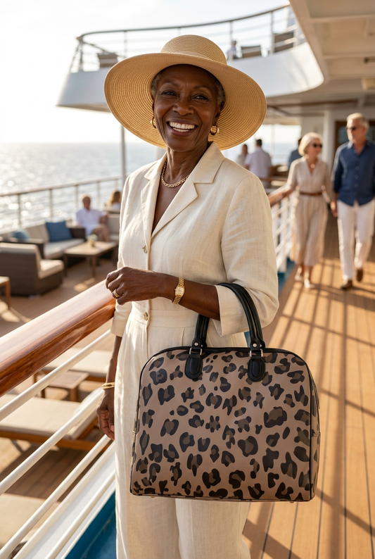 Stylish older Black woman carrying your Animal Print Weekender Bag on a cruise