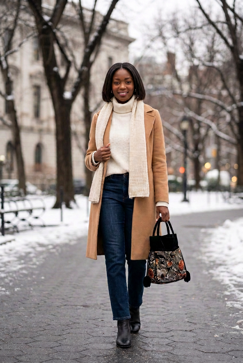 Winter outfit with a small hand-sized floral velvet pouch