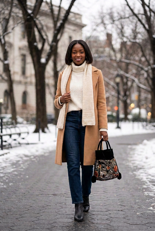 Winter outfit with a small hand-sized floral velvet pouch