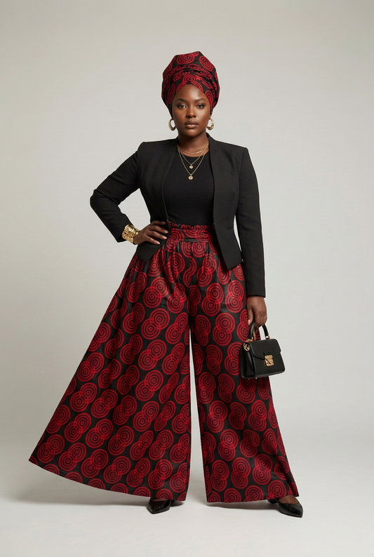 Woman wearing red-and-black palazzo pants and matching headwrap with a black jacket and gold accessories