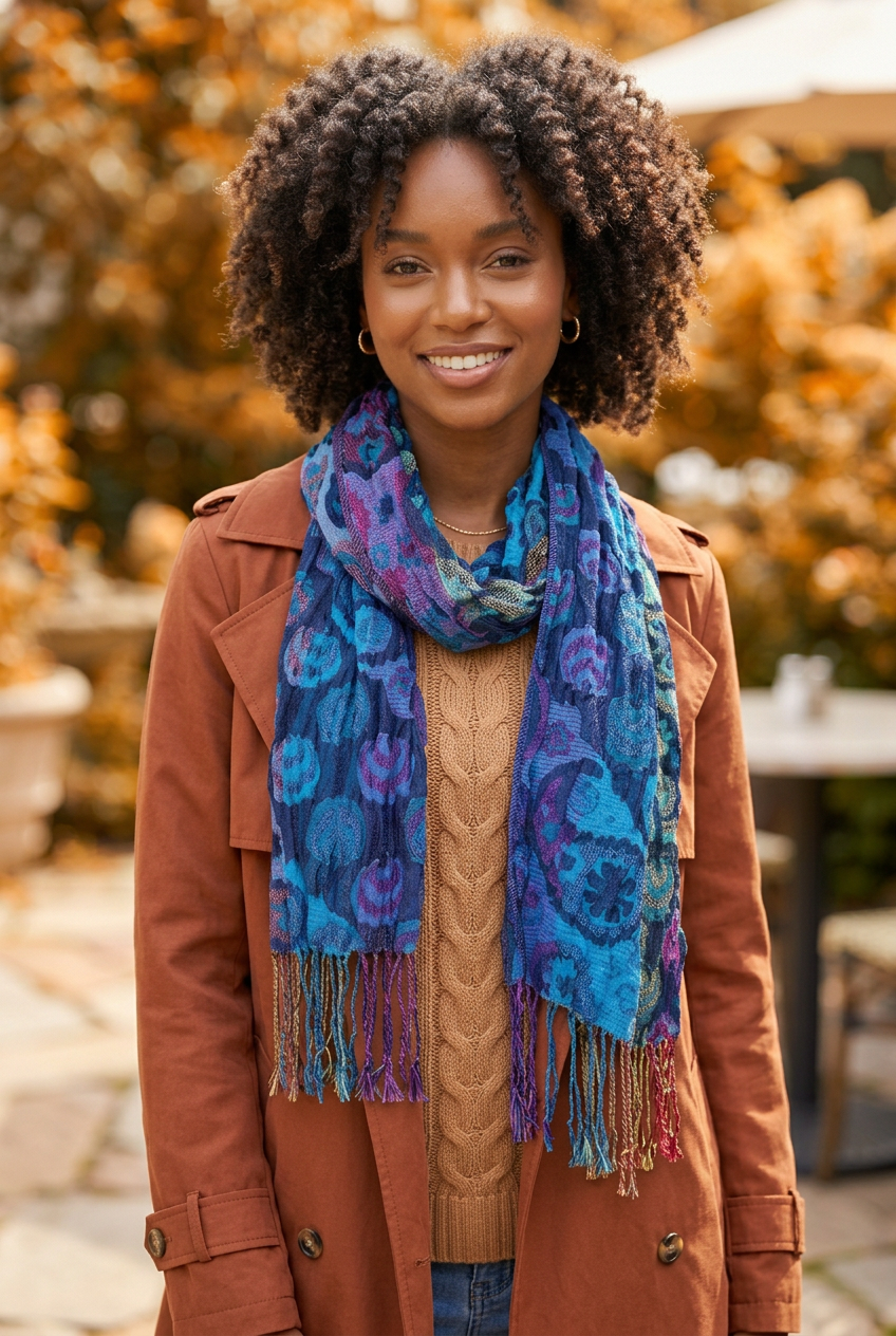 Young African American woman wearing the ruffle scarf with a cozy fall look