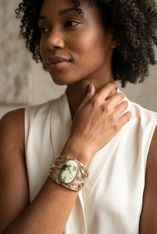 Young woman wearing the mixed-metal lemon chrysoprase bracelet
